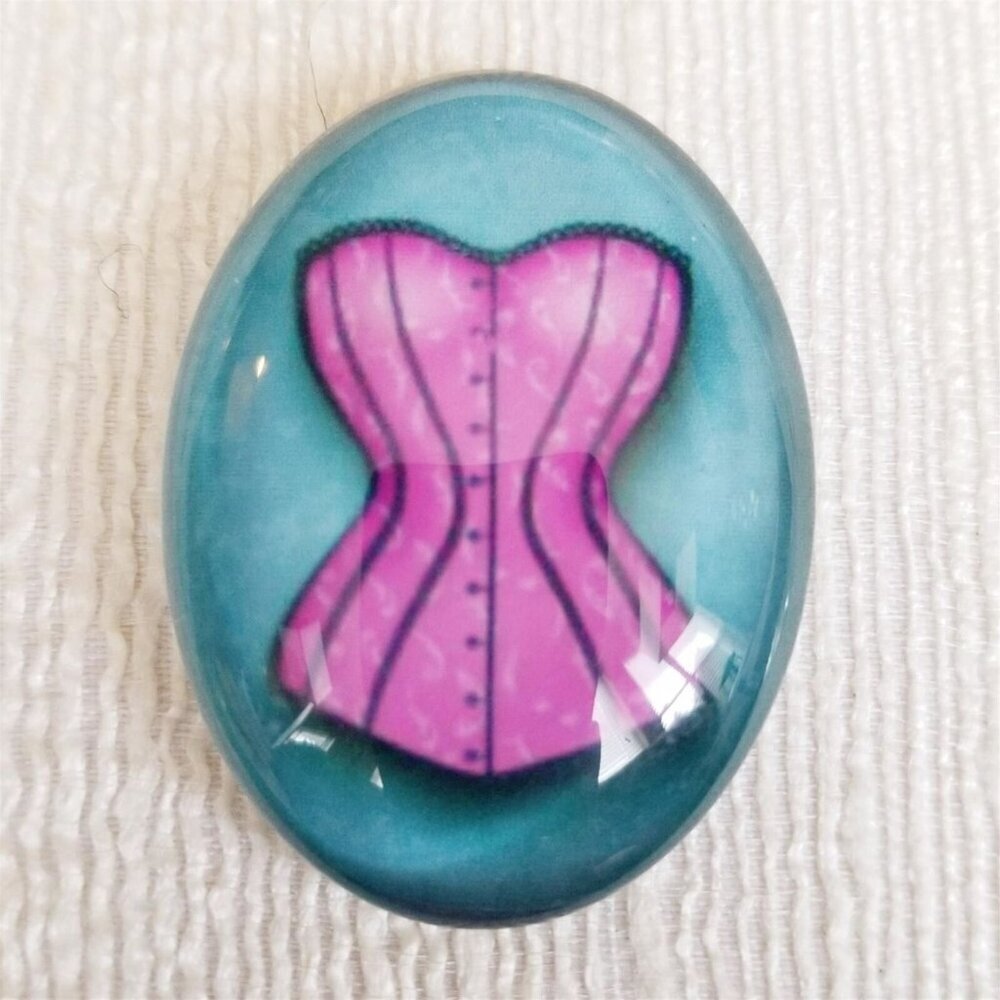Victorian French Corset Lingerie Pink Blue Glass Oval Cabochon 40x30mm 6003